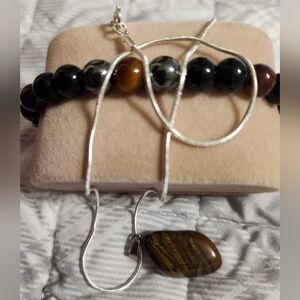2pc Silvery Plted Tiger Eye Quartz Pendant Necklace and Handmade Bracelet Set